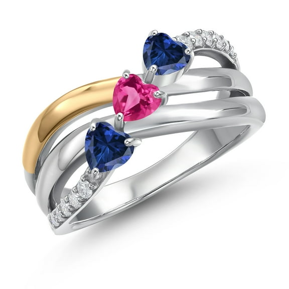 925 Silver and 10K Yellow Gold Blue Created Sapphire and Pink Created Sapphire and Lab Grown Diamond Engagement Ring for Women | 1.59 Cttw | Heart Shape Gemstone September Birthstone | Size 7