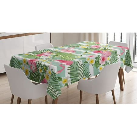 

Mindunm Flamingo Tablecloth Flamingos with Exotic Hawaiian Leaves Flowers on Striped Vintage Background Dining Room Kitchen Rectangular Table Cover 60 X 84 Green Pink