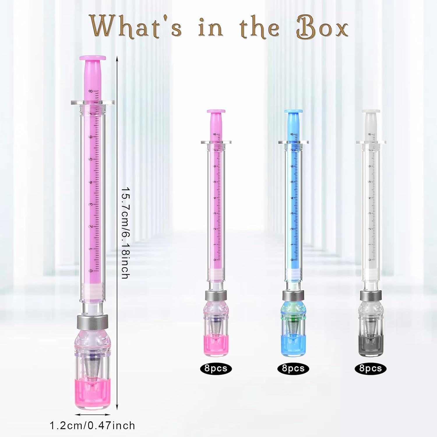 24 PCS Syringe Pen Bulk, 0.5mm Black Ink Needle Pens for Writing - 6.18in Syringe Pens for Nurses, Medical Theme Gel Pen, Office Party Favors(White, Blue, Pink)
