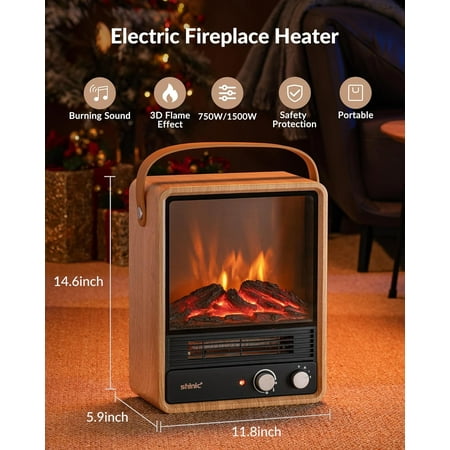 Shinic Electric Fireplace Heaters for Indoor Use,1500W Space with Crackling Sound & 3D Realistic Flame, Safety Protection, Portable Fireplace for Home Office Christmas Decoration, Oak