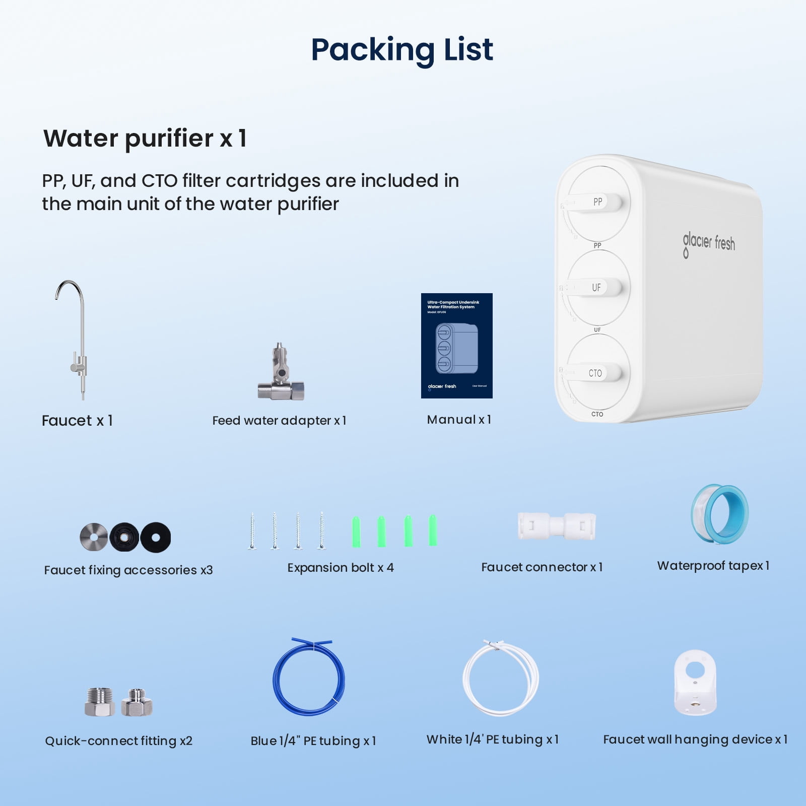 GLACIER FRESH GFU06 0.01μm Ultra Filtration Under Sink Water Filter System, Tankless Ultra, Compact Design, with Faucet, No Electricity & Waste Water, No TDS Reduction