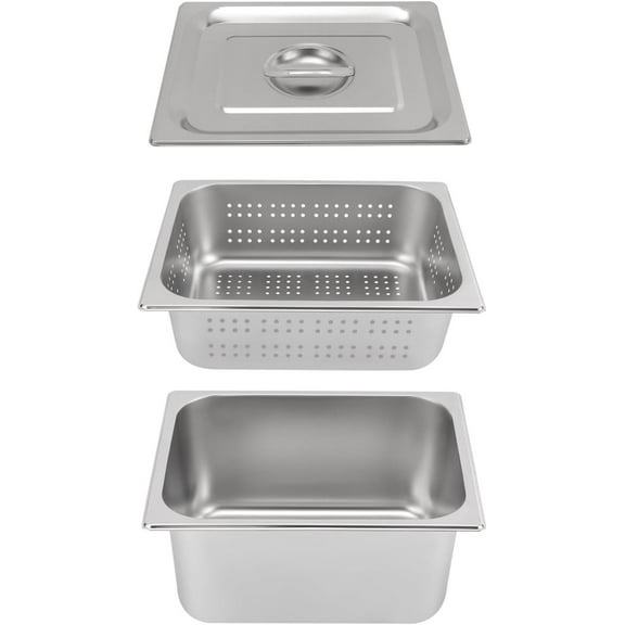 DYJP Set of 3 1/2 Size Hotel Pan with Lid,4in Deep Anti-Jam Perforated Stainless Steel Steam Table Pan, 6in Deep Steam Table Pans(3-piece set,1/2 Size, 4" 6" Deep)