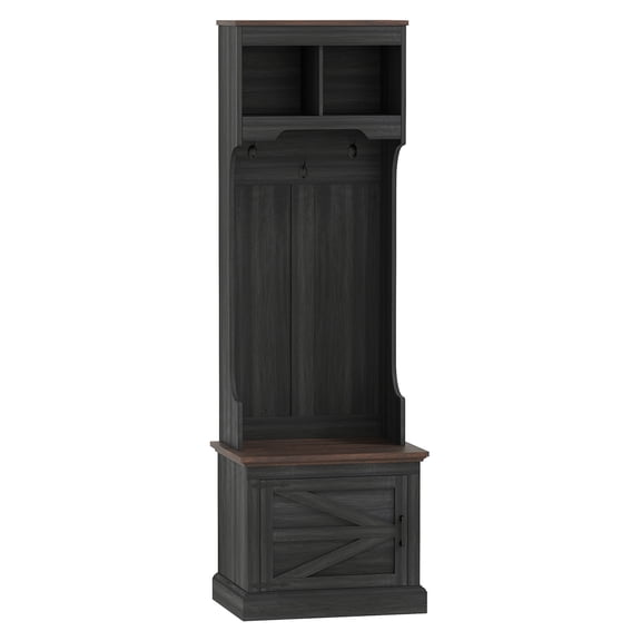 Hall Tree with Shoe Storage, Coat Rack Bench Entryway, 3-in-1 Farmhouse Furniture, 5 Hooks, Black Wood Grain