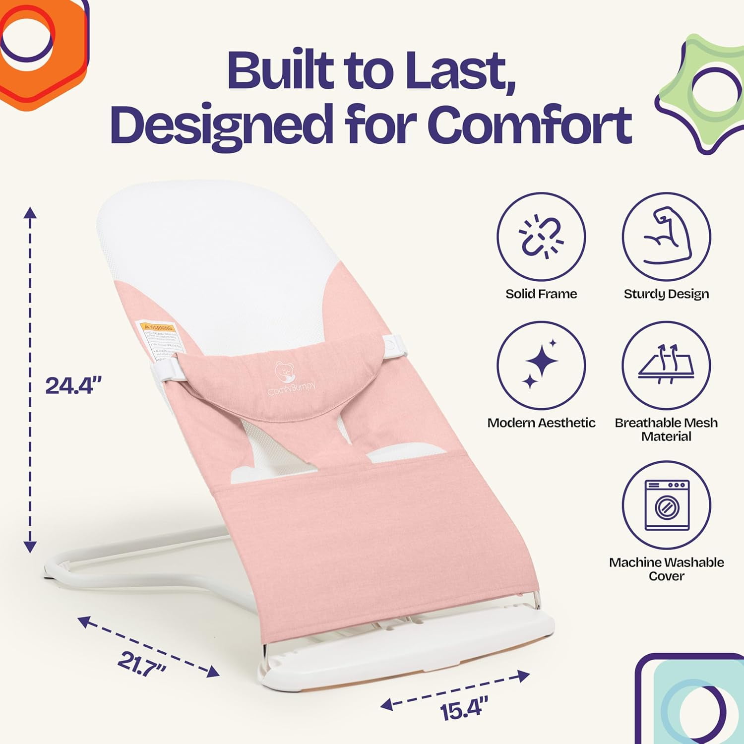ComfyBumpy Ergonomic Baby Bouncer Seat - Portable Bouncing Chair with Adjustable Height Positions- Pink