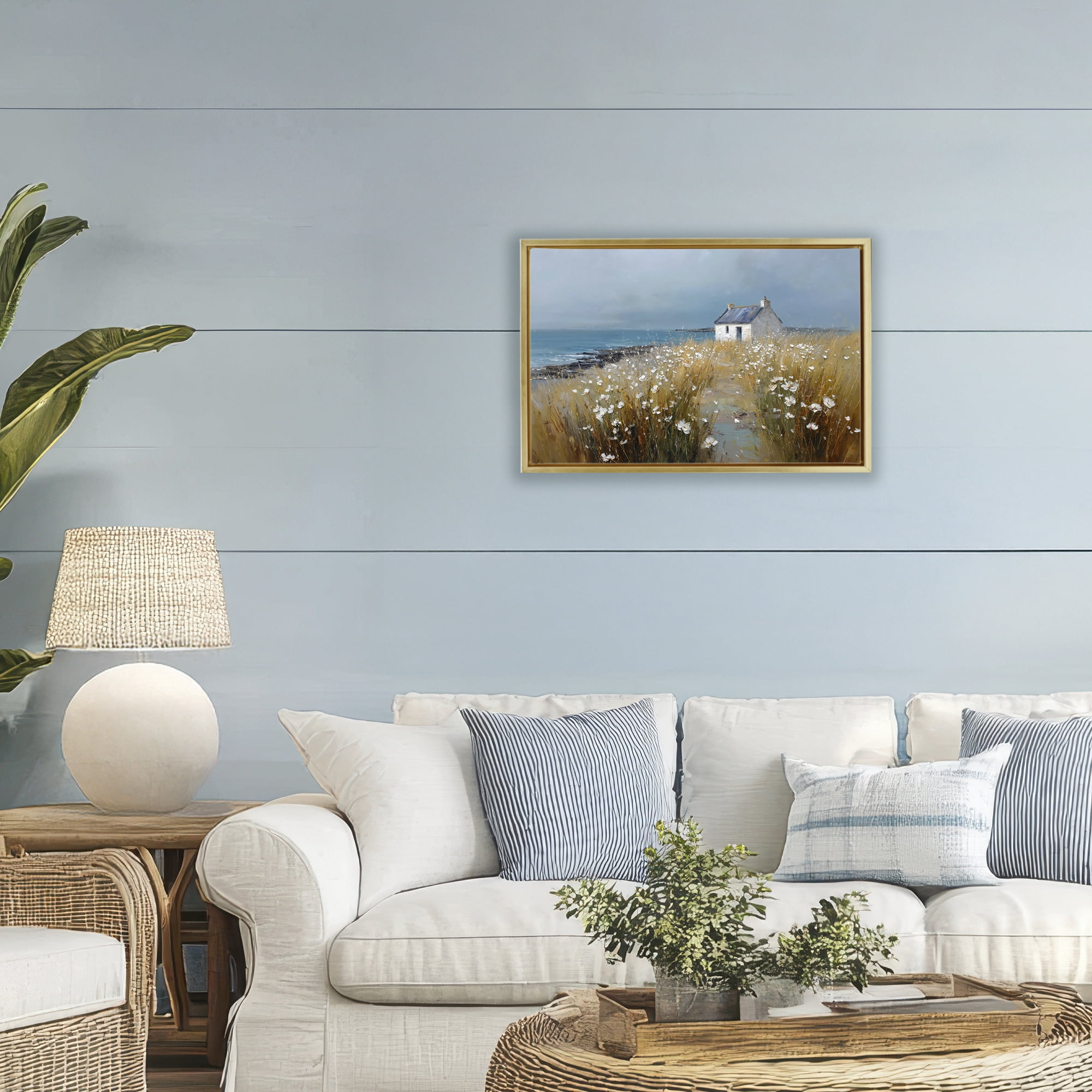 Stupell Industries Oceanfront Cottage Wildflowers Gold Framed Floater Canvas Wall Art, design by Petal Prints Design