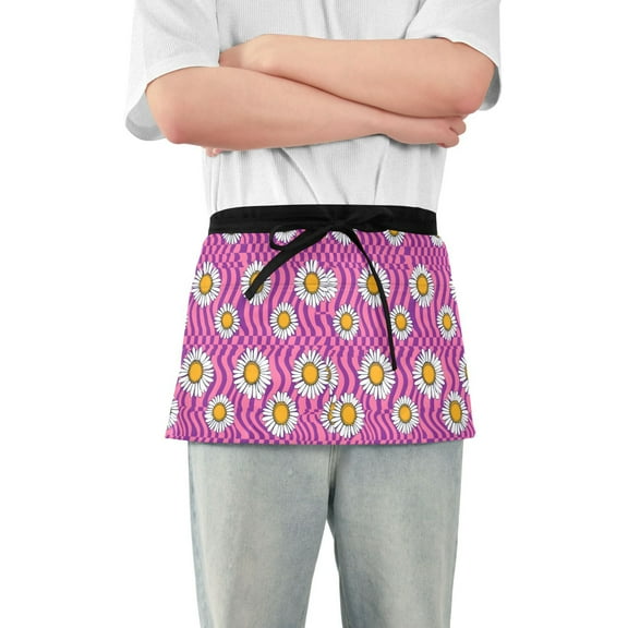 Groovy Daisy and Chessboard Server Apron with 3 Pockets Waterproof Waitress Waist Short Apron for Man Woman 12 Inches