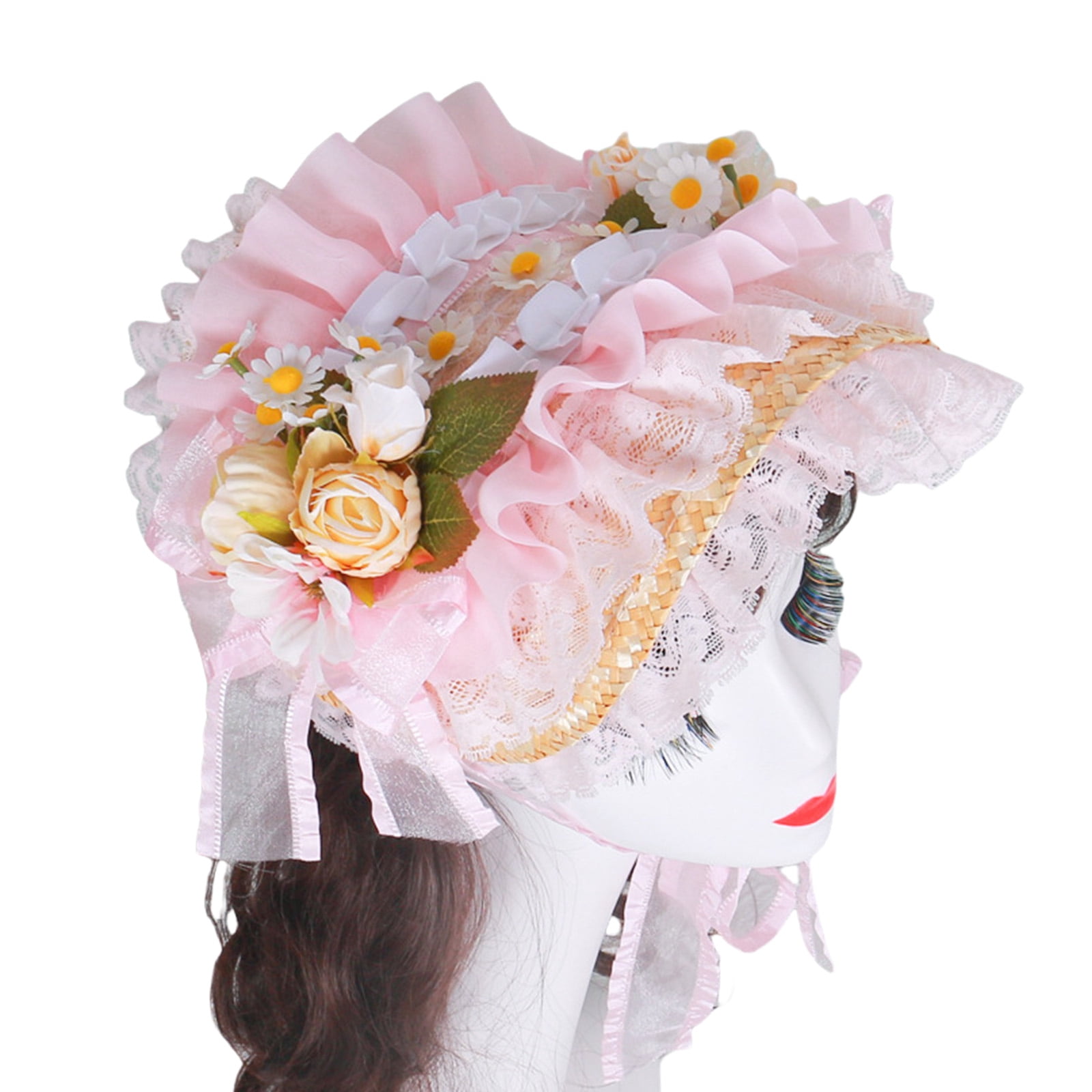 Victorian Lace Designs Straw Bonnet Hat For Women With Ruffled Trim and Rose Flower For Cocktail Party And Cosplay Event