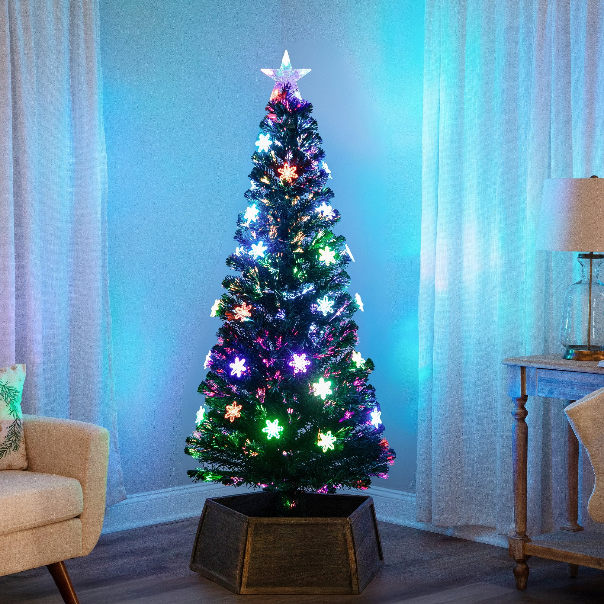 LED Color-Changing Snowflake Fiber Optic Artificial Christmas Tree - 6' - Multi-color Lights