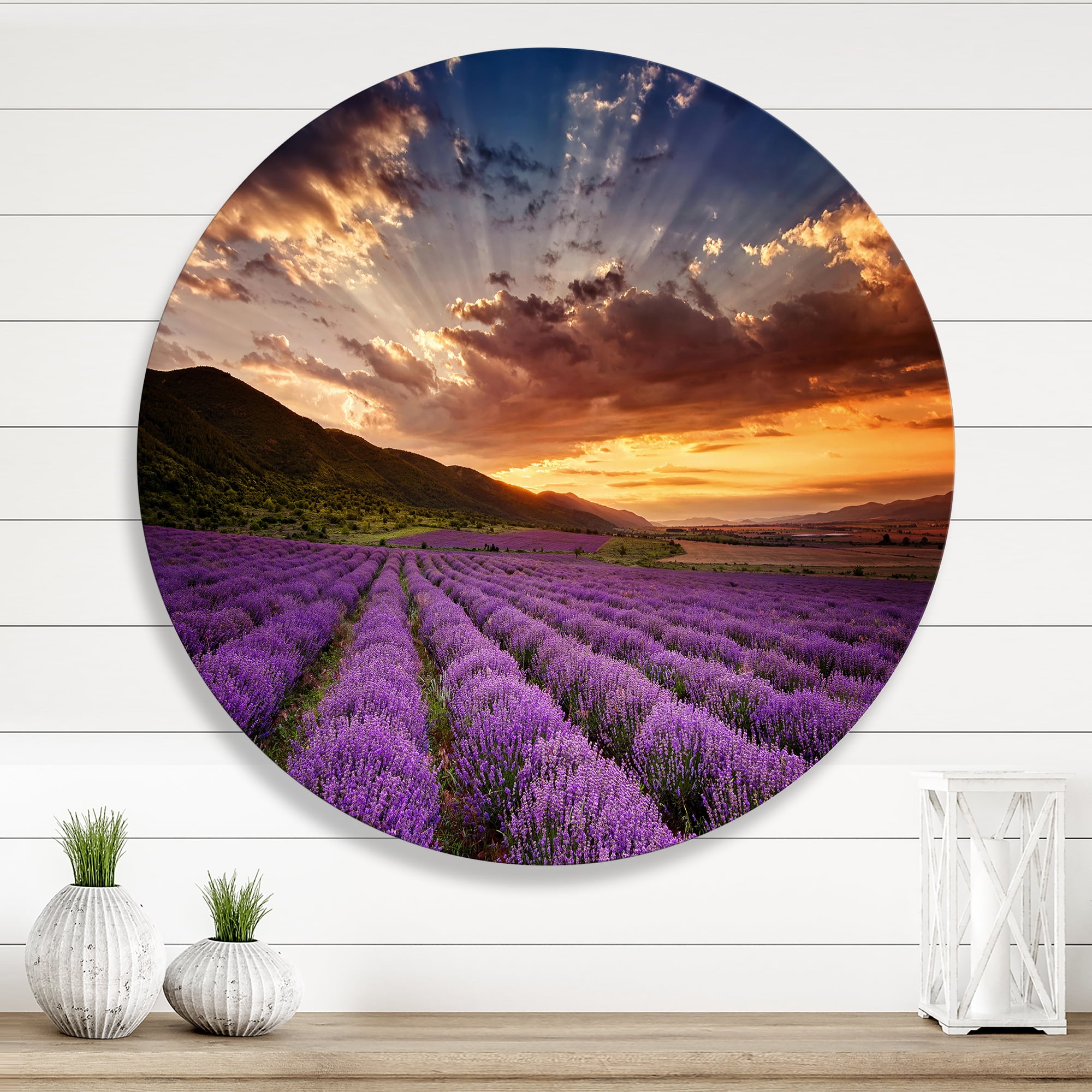 Designart 'Dramatic Clouds and Sunrise Over Lavender Field X' Farmhouse Circle Metal Wall Art 11x11 - Disc of 11