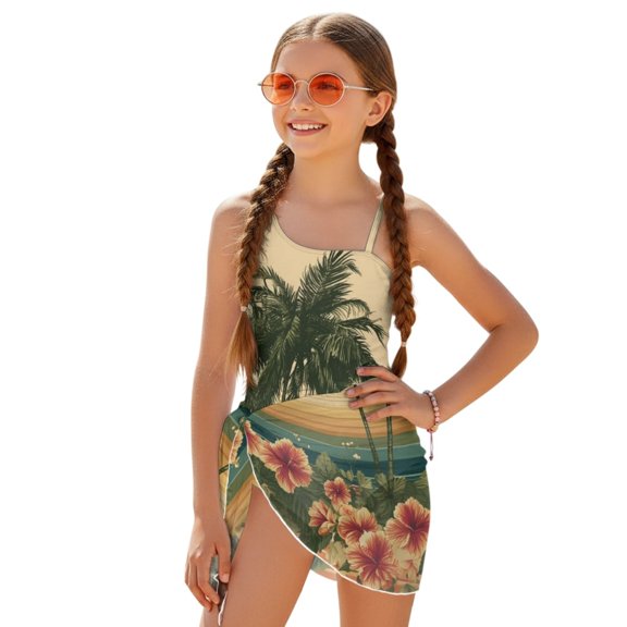 POLERO Girls' Tropical One-Piece Swimsuit with Mesh Cover Up Skirt - Palm Tree & Hibiscus Print Quick Dry Bathing Suit for Beach Vacation & Pool Days, 7-18 Years