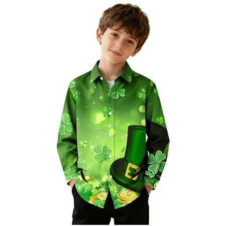 Riecok St Patrick s Day Shirts for Little Boys Lapel Collared Graphic Print Button up Blouse Long Sleeve Holiday Casual Tops