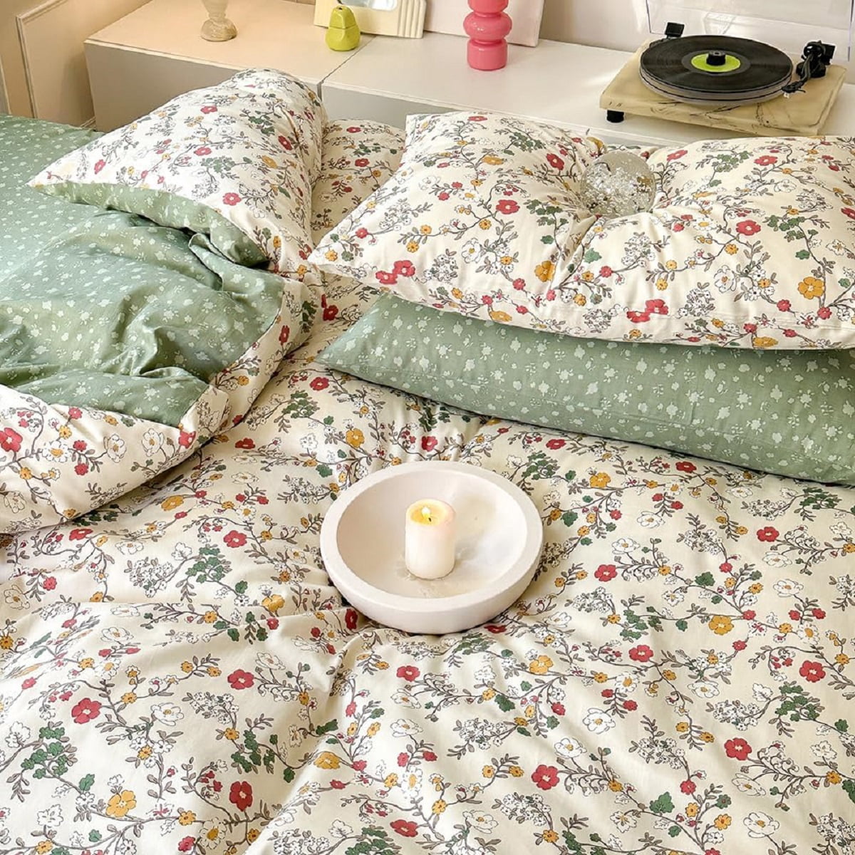 3 Pieces Floral Duvet Cover Full Size 100% Cotton Green Red Flowers Leaves Printed Comforter Cover Soft Breathable Spring Bedding Set with Zipper Closure