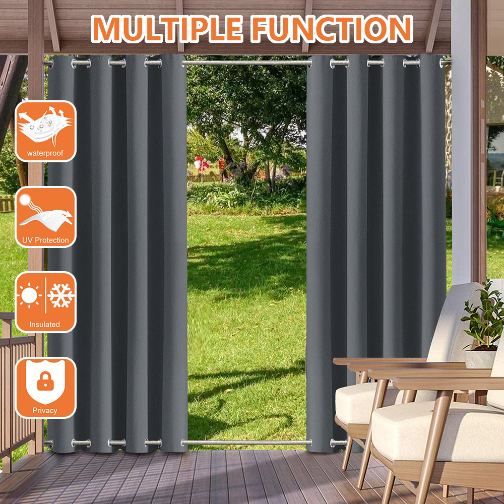 Topchances Outdoor Windproof Curtains Thermal Insulated Noise Reducing Waterproof Blackout Draperies Grommet at Top and Bottom for Patio Porch Gazebo Garden Grey 52W x 94L (4 Panels) - image 2 of 9