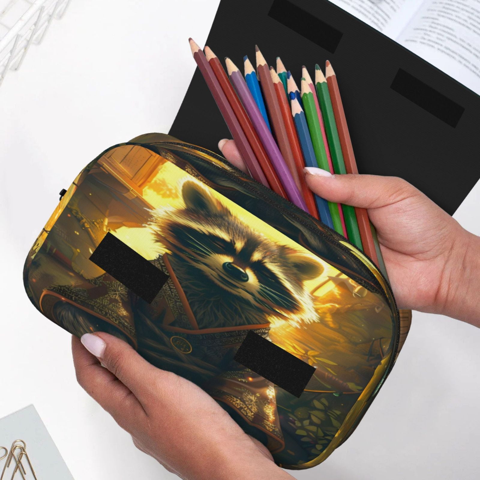 Rateoe Tree Meditating Raccoon Pattern Double Clamshell Pen Case, Storage Organizer with Two Zipper Compartments– Holds Up to 50 Pencils & Pens