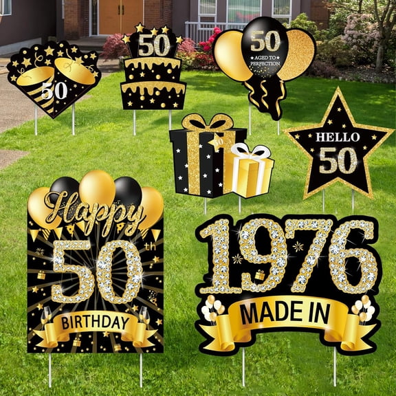7Pcs Black Gold 50th Birthday Yard Sign Decorations for Men and Women, Happy 50th Birthday Made in 1976 Lawn Sign Party Supplies,Fifty Year Old Yard Decor with Stakes