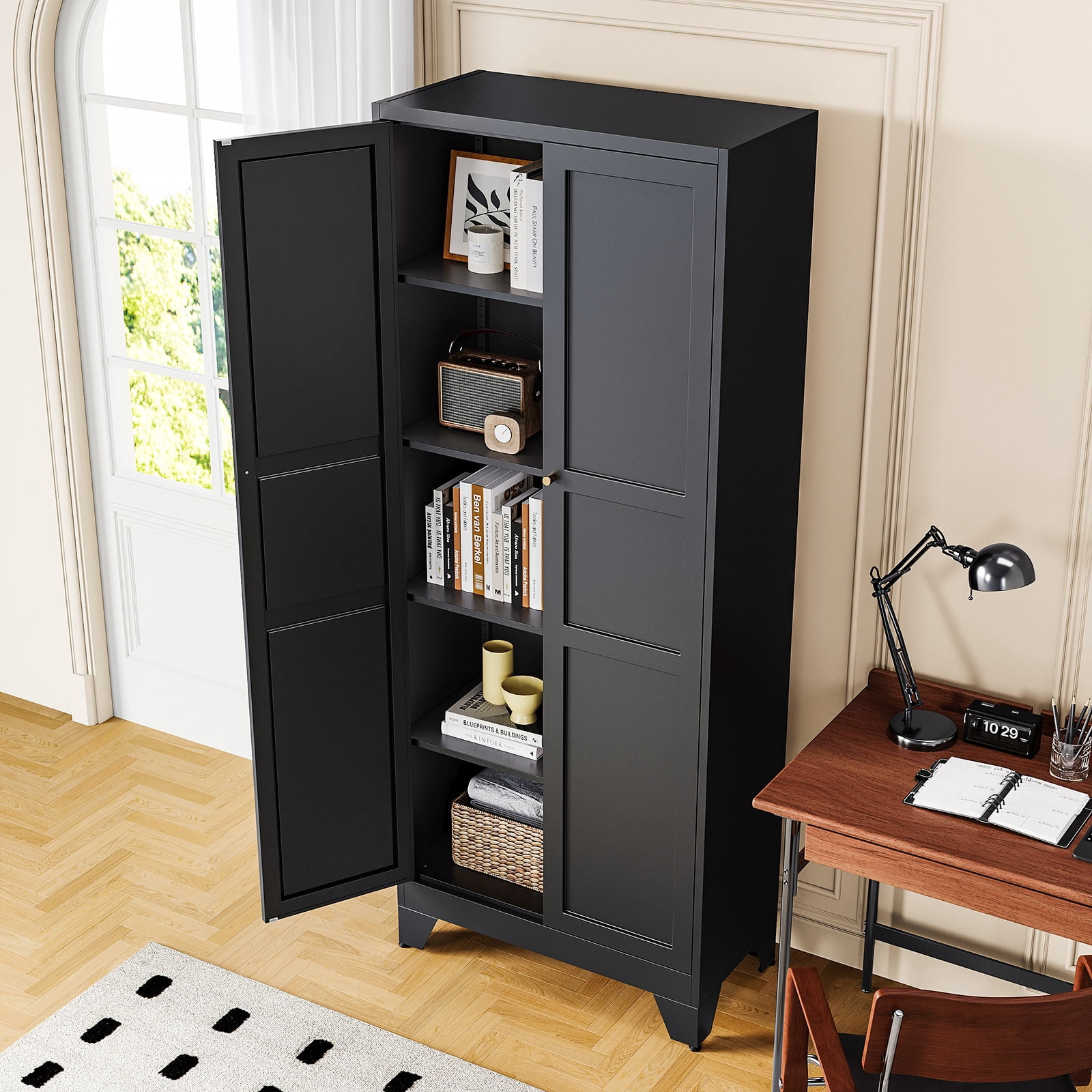 STANI 75"H Freestanding Storage Cabinet with 4 Adjustable Shelves and Legs, Metal/Alloy Steel, for Cupboard/Dining Room/Bathroom/Living Room/Office/Laundry Room (Black, 75"H)