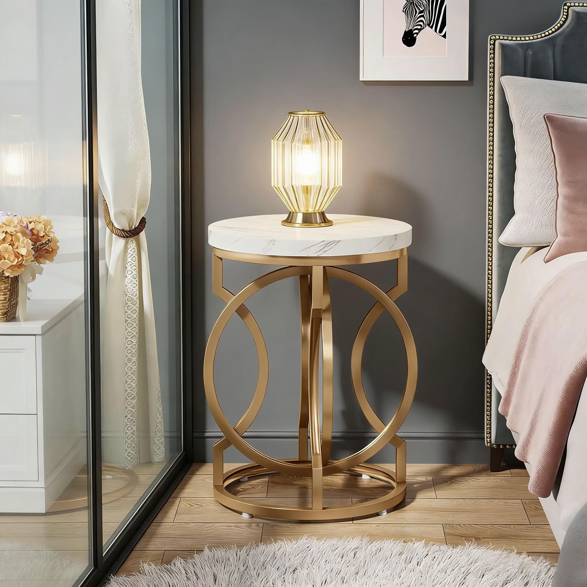 MAYEERTY Round End Table, Modern Bedside Table with Faux Marble Top and Metal Frame, for Living Room, Bedroom, Small Spaces
