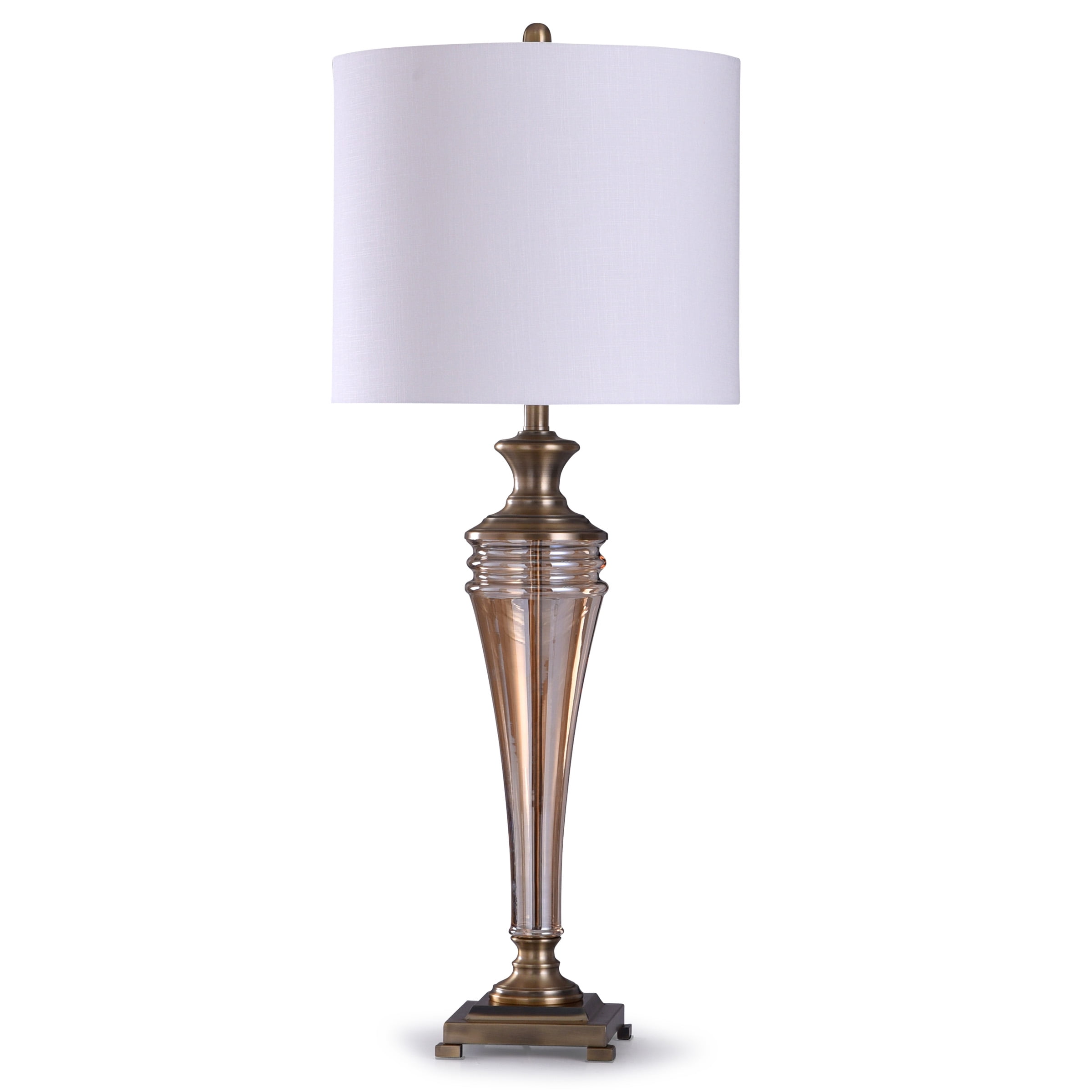 Buston Brass Pillar Glass Table Lamp with Glass and White Drum Shade