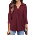 thumbnail image 1 of Blusa holgada con pliegues color burdeos para uso diario y laboral, talla L, blusa informal con escote en V, 1 of 6
