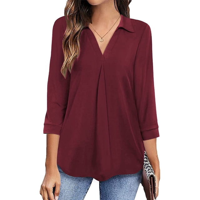 Blusa holgada con pliegues color burdeos para uso diario y laboral, talla L, blusa informal con escote en V