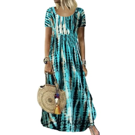 

Avamo Casual Tie Dye Swing Long Dress for Women Short Sleeve Summer Beach Maxi Dress Comfy Pajamas T Shirt Dress