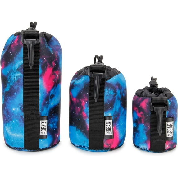 USA GEAR FlexARMOR Protective Neoprene Lens Case Pouch Set 3-Pack (Galaxy) - Small, Medium and Large Cases Hold Lenses up to 70-300mm with Drawstring Opening, Attached Clip, Reinforced Belt Loop