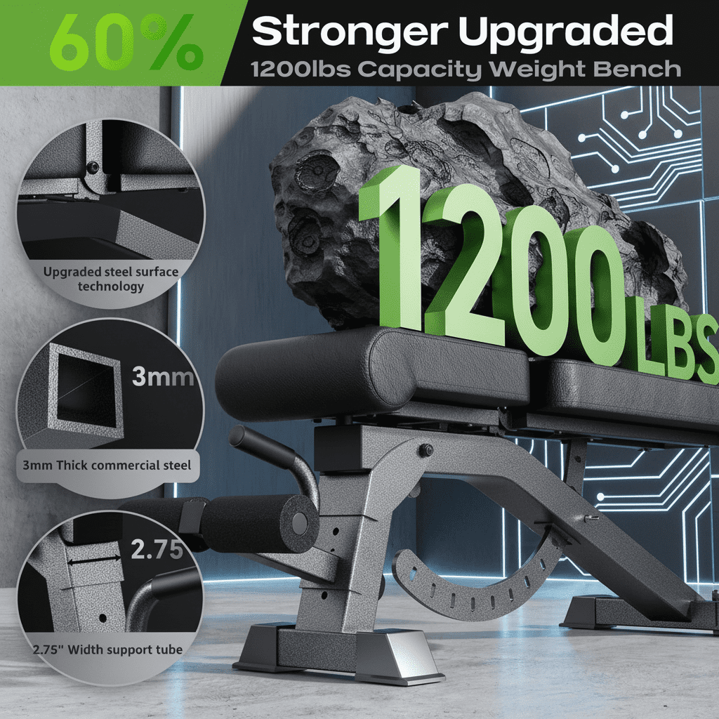 USLIM Adjustable Strength Training Bench, Flat Incline Decline Design, 12 Backrest Positions, 4 Seat Adjustments, 1200 lb Capacity