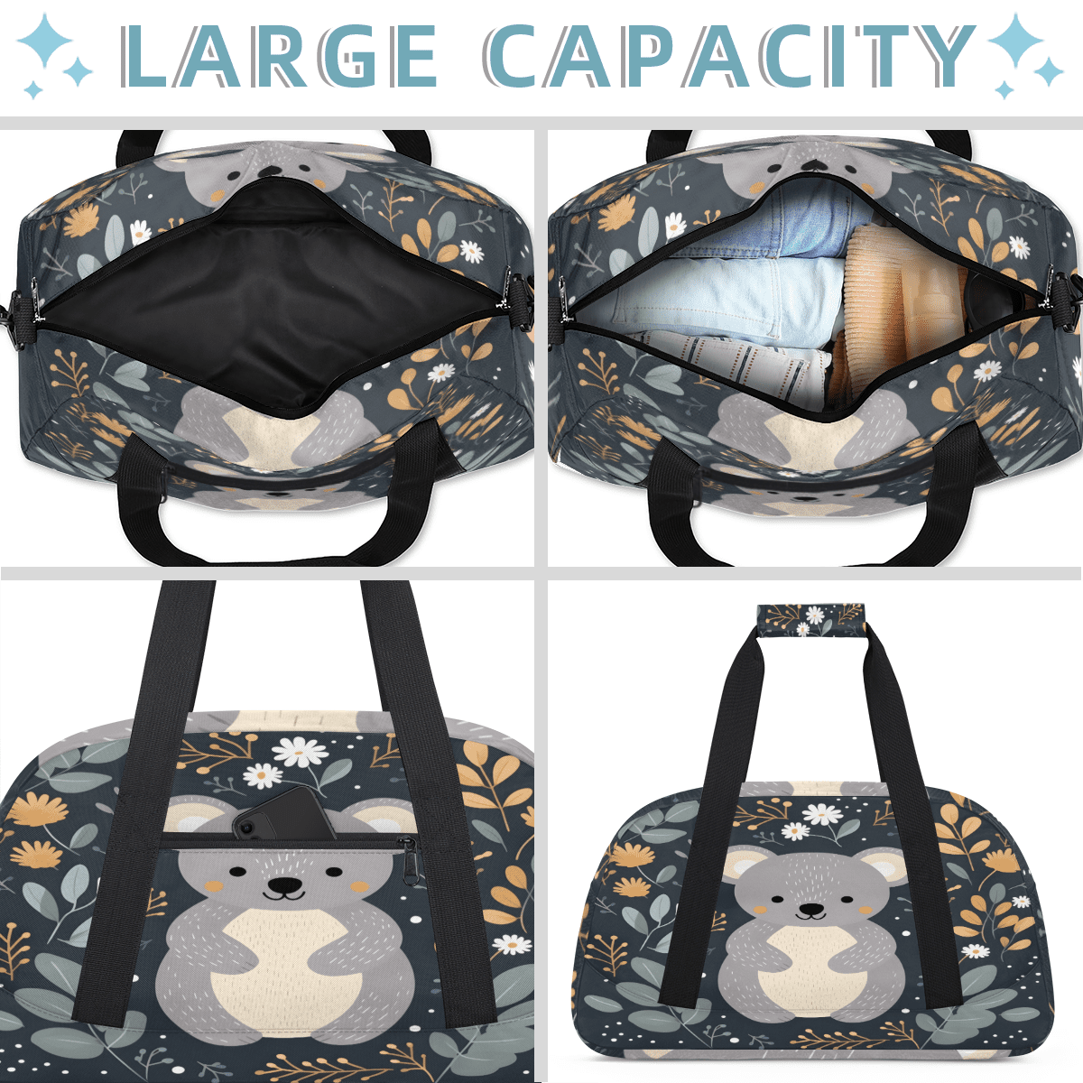 Herdesigns Koala Sports Duffle Bag for Women & Men, Cartoon Koala Gym Bag Dance Bag Overnight Bag Carry On Weekender Travel Bag