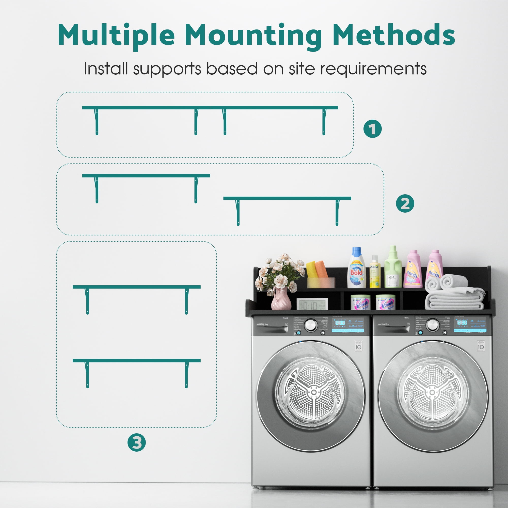 ADVWIN 54" Washer Dryer Countertop with 2-Layer Shelves and Storage Shelf, Laundry Room Countertop Set, Black