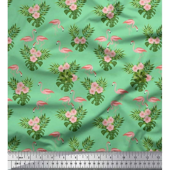 Soimoi Cotton Duck Fabric Tropical Leaves,Floral & Flamingo Bird Printed Craft Fabric by The Yard 42 Inch Wide