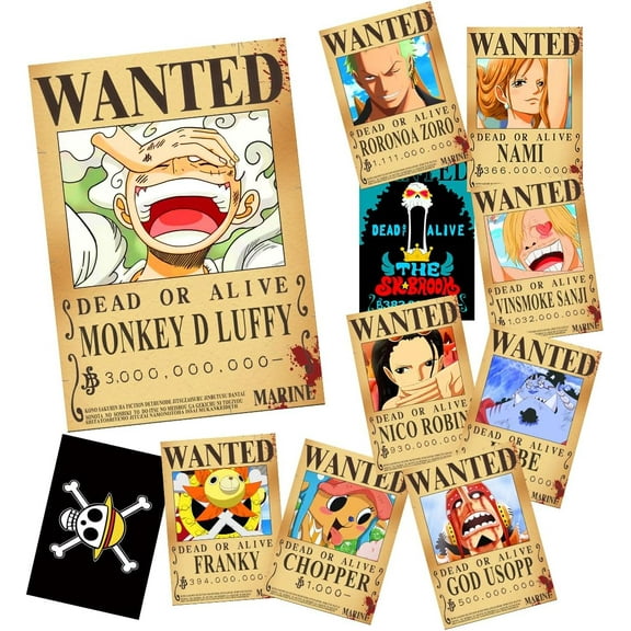7 PCS Anime One Piece Wanted Bounty Posters, New Edition Nika Luffy, Law, 3 Billion, New Four Emperors 38×27cm (15×11in)