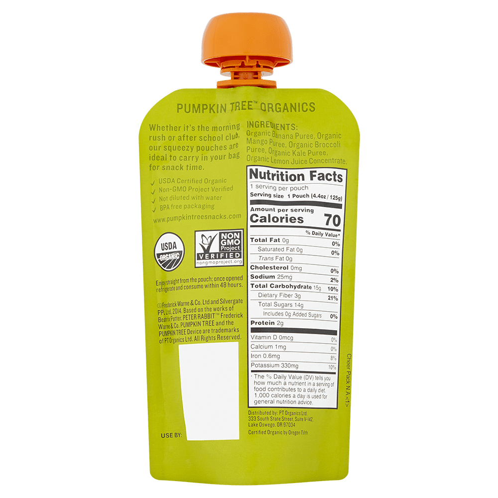 Pumpkin Tree Peter Rabbit Organics Banana, Mango, Kale and Broccoli and Mango, 4.4 oz, 10 pack