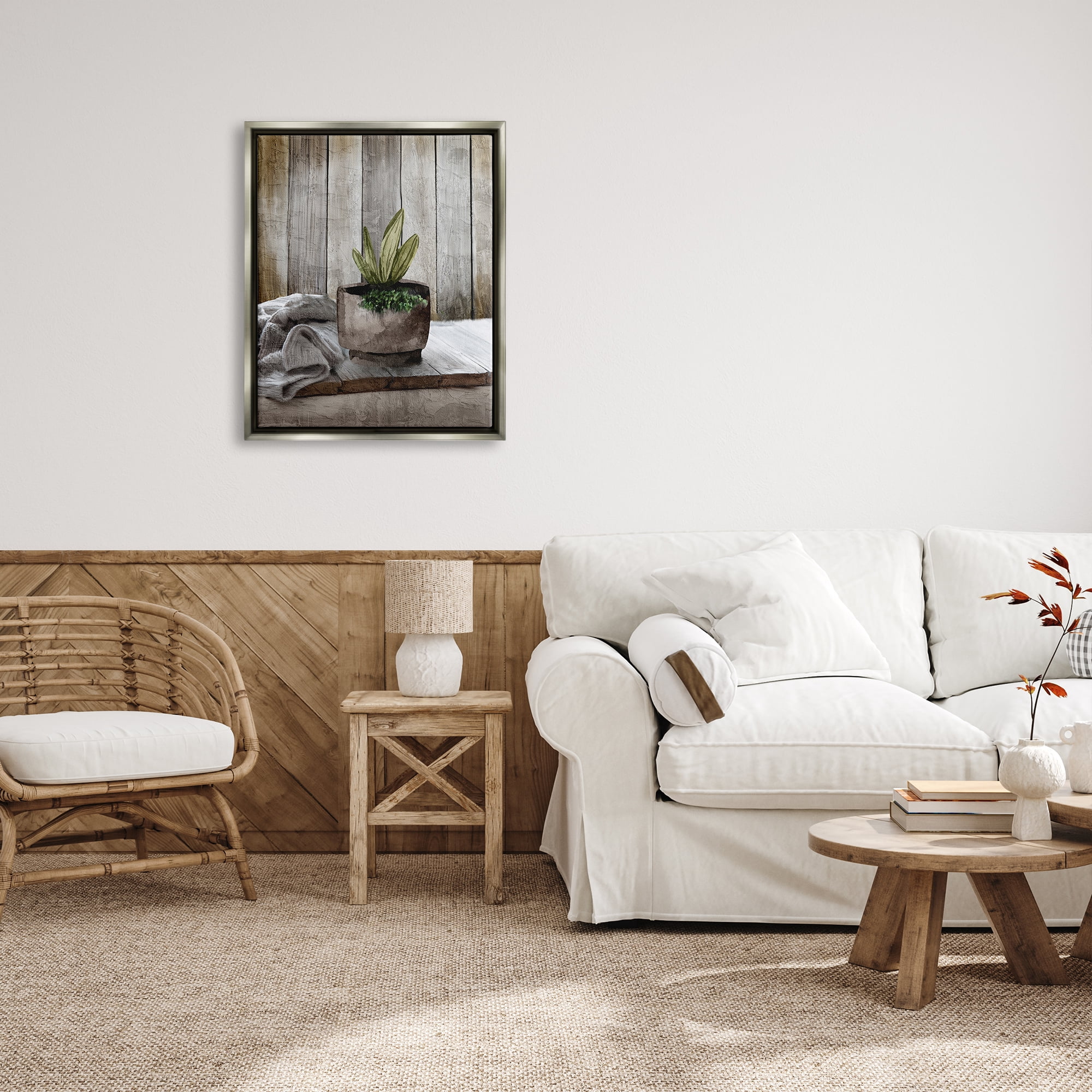 Stupell Industries Potted Plant Still Life Botanical & Floral Painting Gray Floater Framed Canvas Art Print Wall Art, 25 x 31