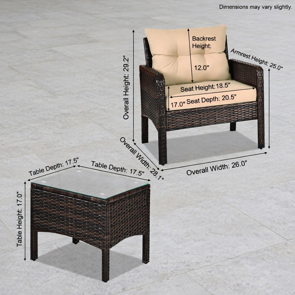 Hommoo 3-Piece Outdoor Wicker Patio Conversation Set with Plush Seat & Back Cushions, PE Rattan Chairs + Tempered Glass Coffee Table, Brown