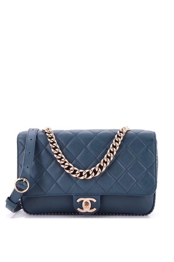 Pre-Owned Chain Handle CC Flap Bag Quilted Caviar with Studded Detail Large By Rebag