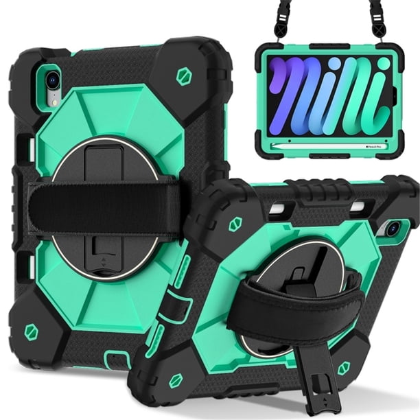 Funda Resistente a Golpes para iPad mini 2024 / mini 6, Silicona Anti Caída + Capa Protectora de PC con Asa Giratoria de 360°, Soporte, Correa para el Hombro, Verde