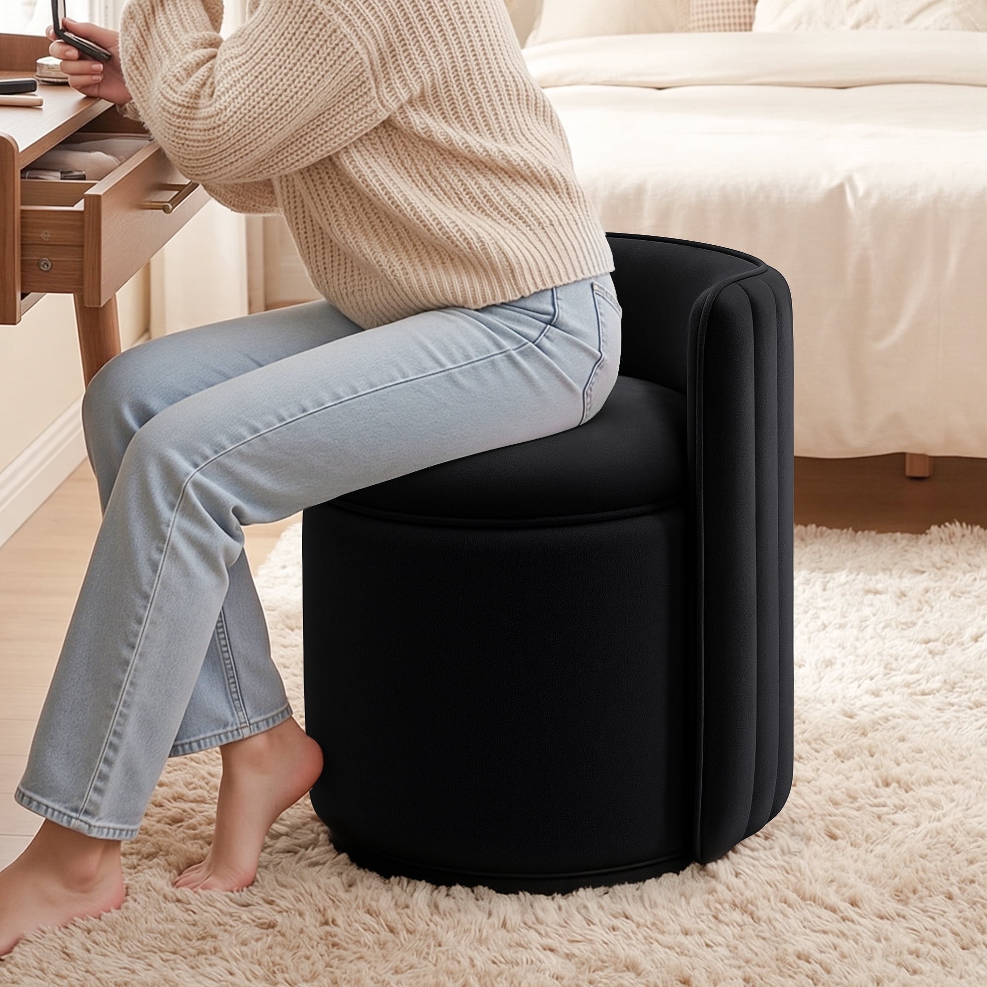 ATHOPE Vanity Chair with Storage, Velvet 360° Swivel Chair with Back, Modern Round Upholstered Bedroom Chair, Comfy Makeup Chair for Dressing, Living Room, No Assembly Required, Black