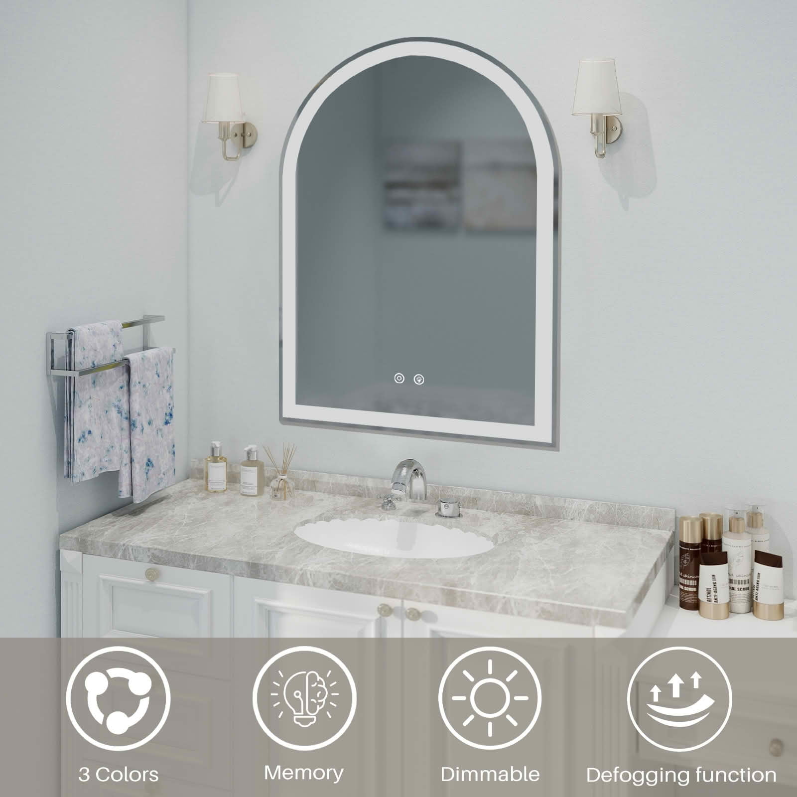 MAYEERTY 28x36 Inch Arched LED Bathroom Mirror with Charging, Anti-fog 3-Color Memory Dimming Dual Light