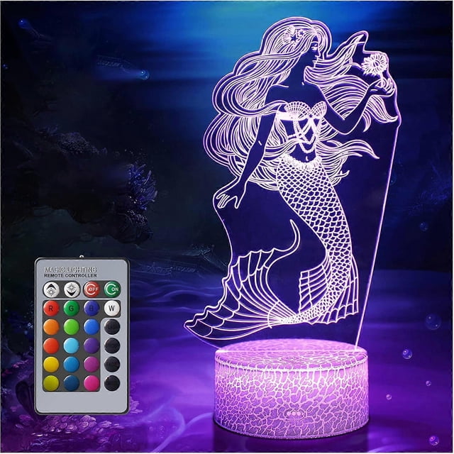 Luz nocturna 3D de sirena para niños, lámpara de noche regulable con control remoto, 16 colores cambiantes, juguetes para niños.