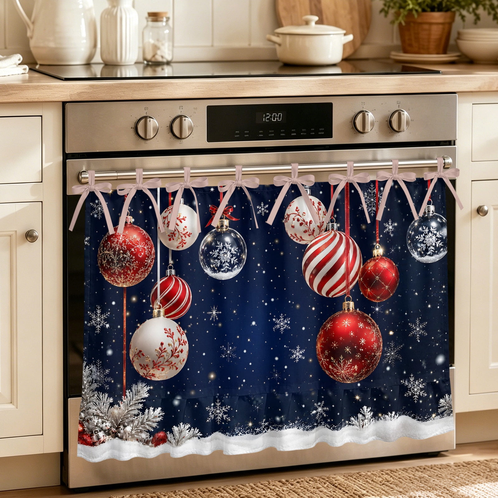 Oven Curtain for Kitchen Red Christmas Balls on Blue Stove Curtain With Ruffled Trim Dishwasher Curtains Winter White Snowflake Oven Skirt 30 x21.5
