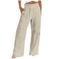 thumbnail image 2 of abtuhar Womens Wide Leg Pants,Womens Pants,Solid Linen Drawstring Elastic Waist Long Wide Leg Pants Beige, 2 of 5