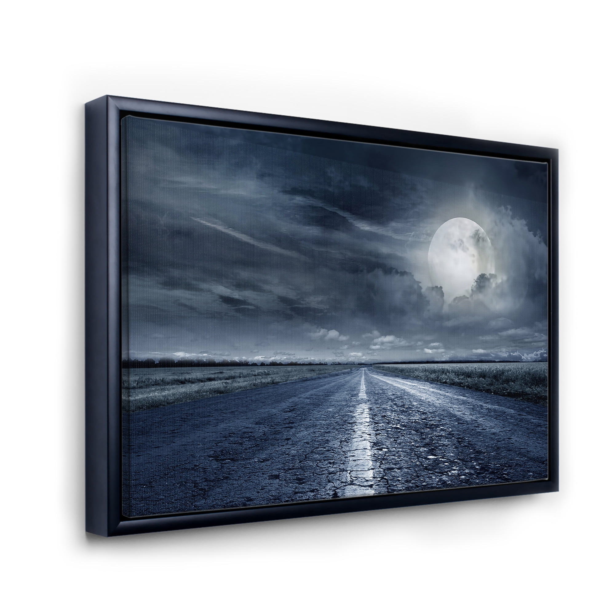 Designart 'Cloudy Full Moon Over Asphalt Road II' Nautical & Coastal Framed Canvas Wall Art Print