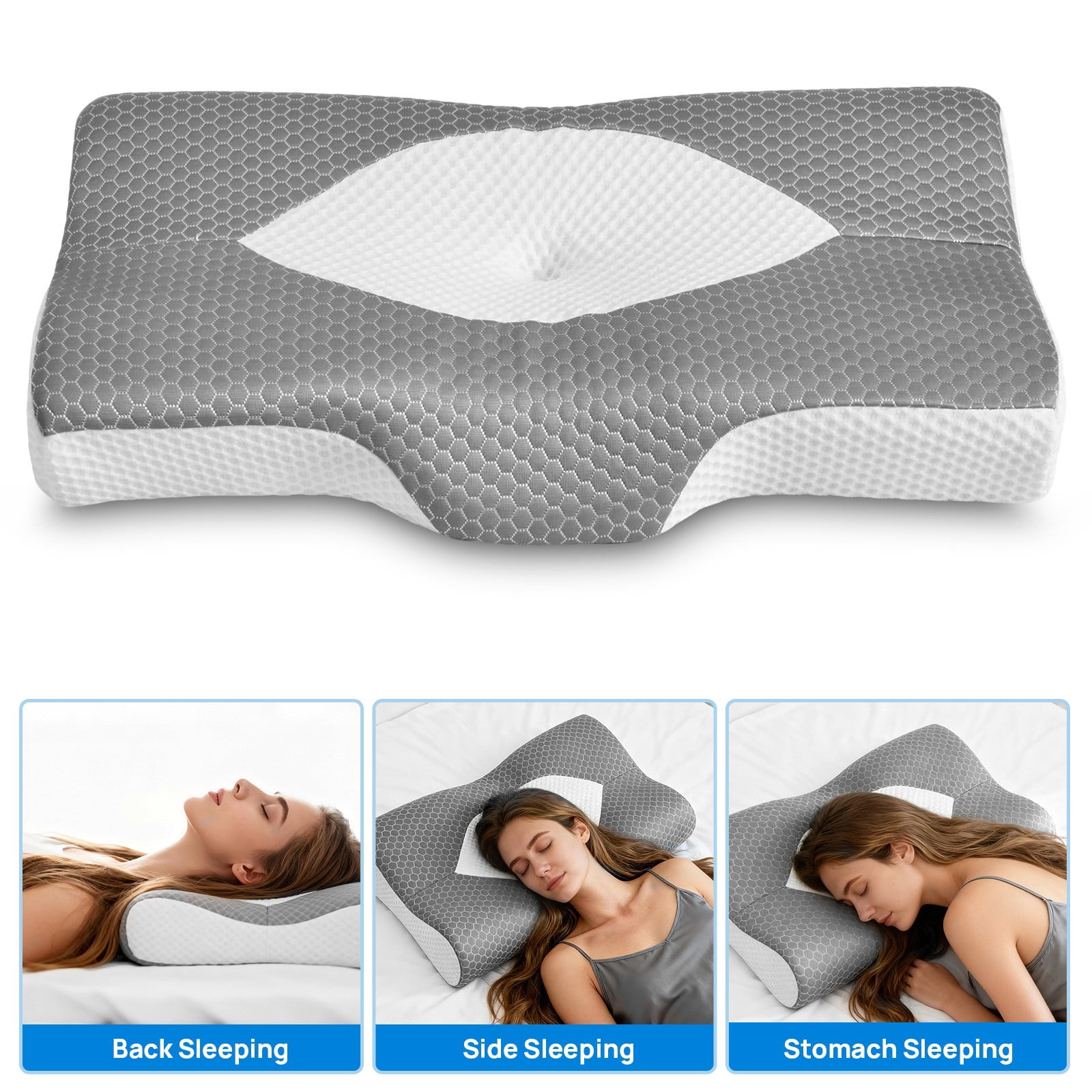 TOPCOMFY Cooling Cervical Neck Pillow, Contour Memory Foam for Neck Support, Ergonomic Butterfly Shape, Ideal for Side, Back, and Stomach Sleepers