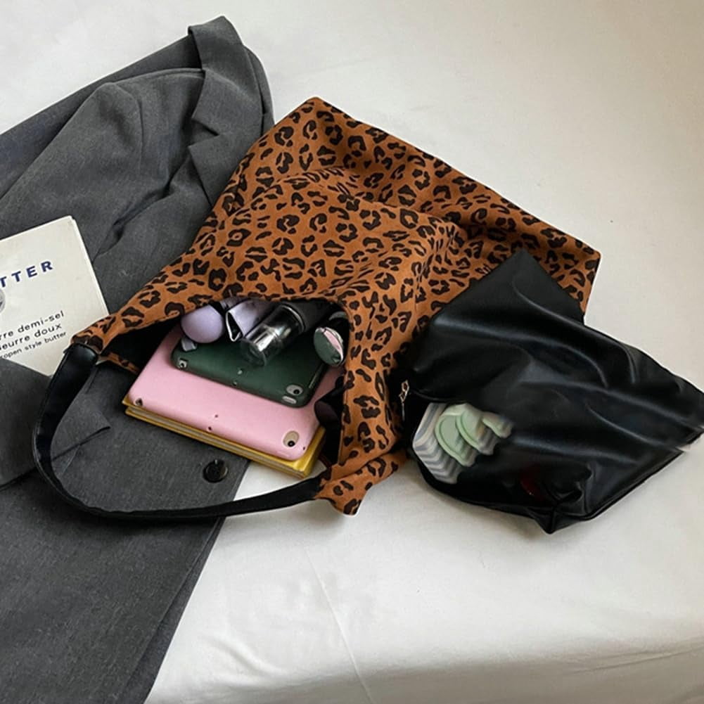 Zhengup Vintage Suede Tote Bag for Women Large Soft Shoulder Purse Leopard Print Handbag Casual Work Top Handle Satchel 2pcs