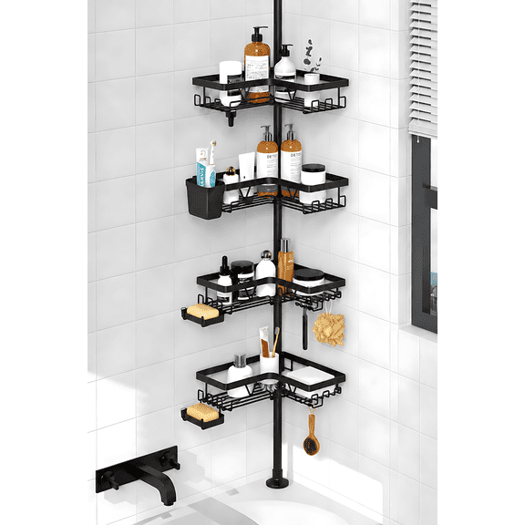 Corner Shower Caddy Tension Pole - Shower Tension Rod Organizer, with Soap Holder & Hooks Family Stand Storage Rack No-Drill Adjustable Shower Shelf 25-114.2 inch, Corner Waterproof, Black