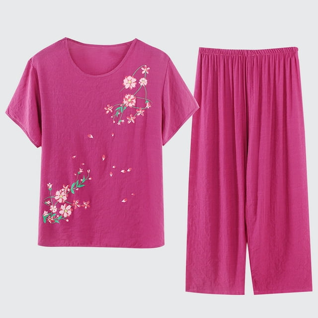 TIMIFIS Ensembles de Pyjamas pour Femmes 2 Pcs Pyjamas Grande Taille Coton et Lin Haut à Manches Courtes Col Rond Vêtements de Nuit Pyjamas Confortables et Respirants - Printemps/été