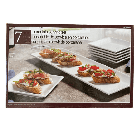 7 Piece Porcelain Serving Set , 18" X 6" Platter (1) , 6" X 6" Plates (6)