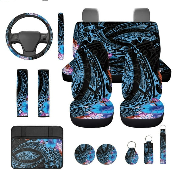 Yuyamidu Blue Polynesia Car Seat Cover Full Set with Auto Seat Belt Cover Hibiscus Steering Wheel Cover Center Console Pad Keychain Lipstick Sleeve Coasters Auto Decor, 13 PCS Set