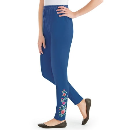 Rose Floral Embroidered Jersey-Knit Leggings with Elastic Waist Band, Spring