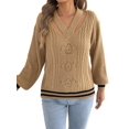 thumbnail image 2 of Women Vintage Knit V-Neck Hollow Contrast Stripe Lantern Long Sleeve Loose Knit Pullover Sweater Khaki L, 2 of 10